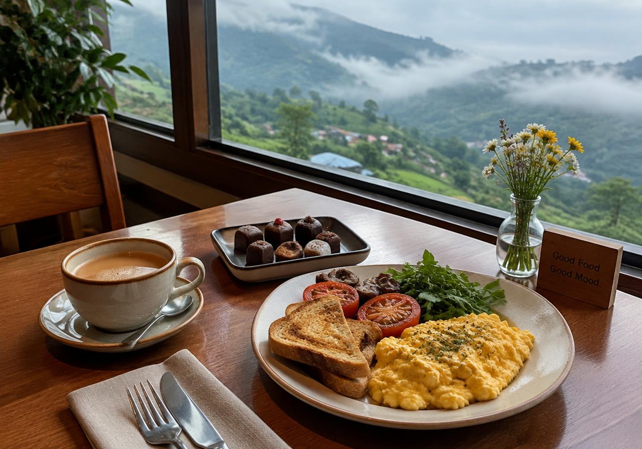 Chai and breakfast by a window with misty hills