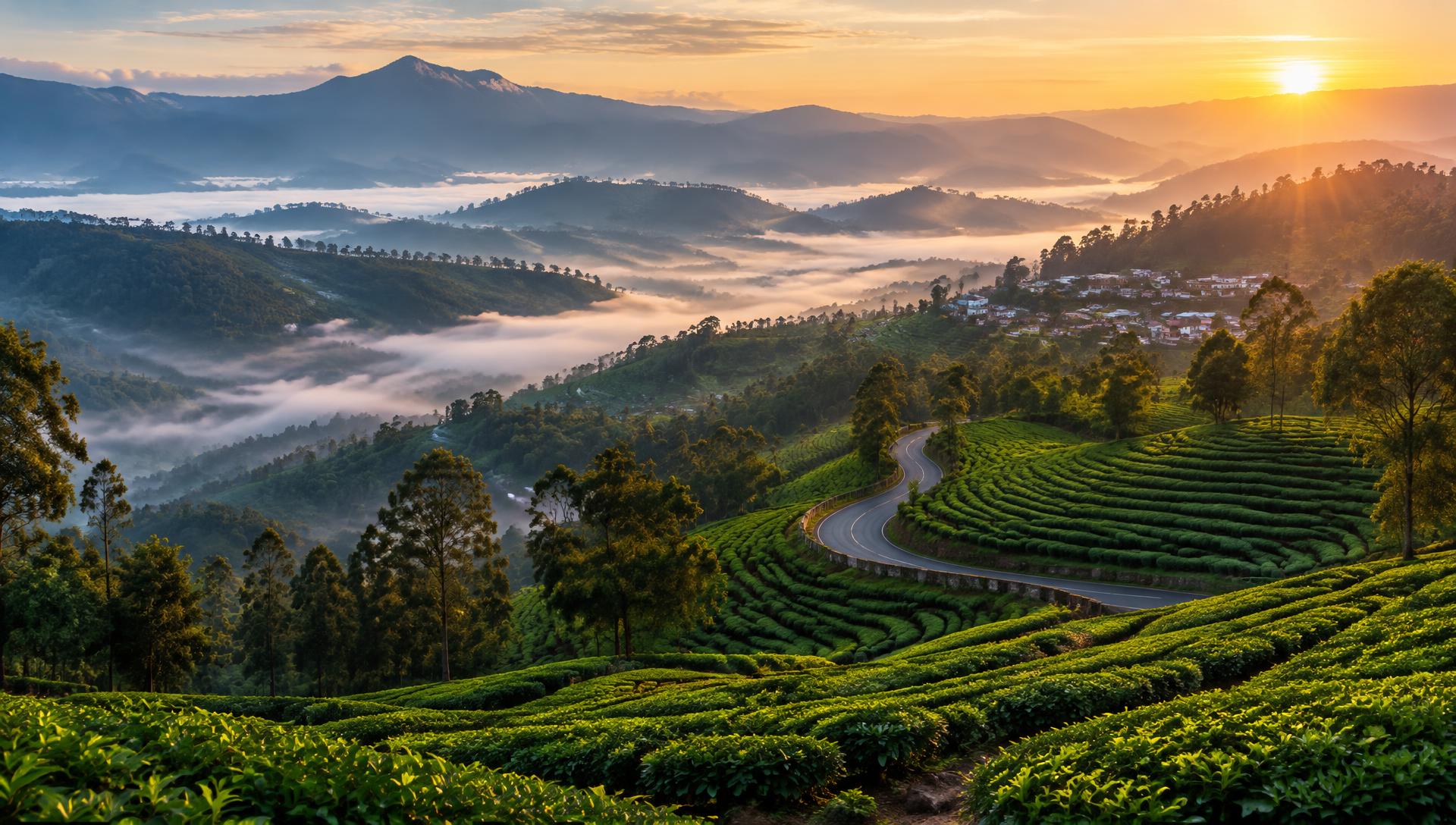 Nilgiri tea hills at sunrise